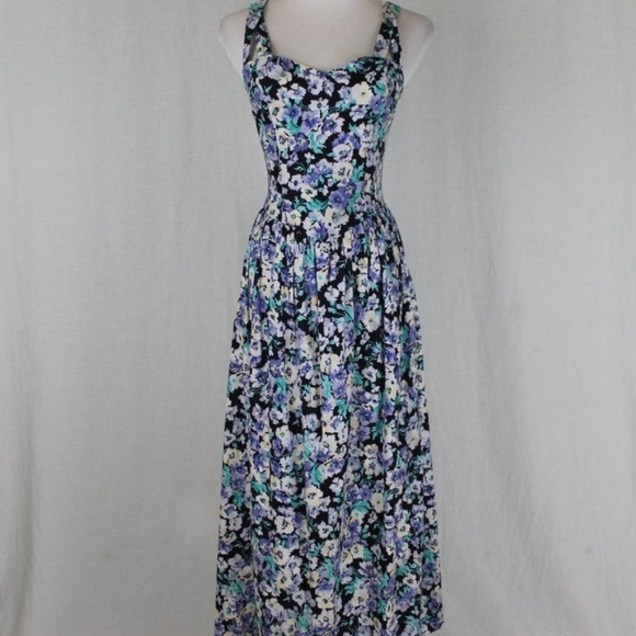 Vintage Laura Ashley Cross Back Dress Blue Pansy Print Cotton Made in Ireland